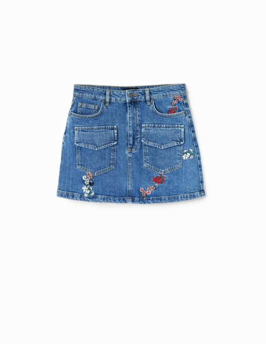 Femme Desigual Jupes Et Shorts | Mini-Jupe Jean Fleurs